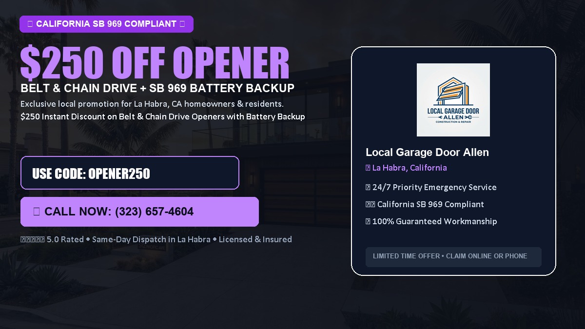 $250 OFF Smart Garage Door Opener Installation (Belt & Chain Drive with California SB 969 Battery Backup) in La Habra, CA